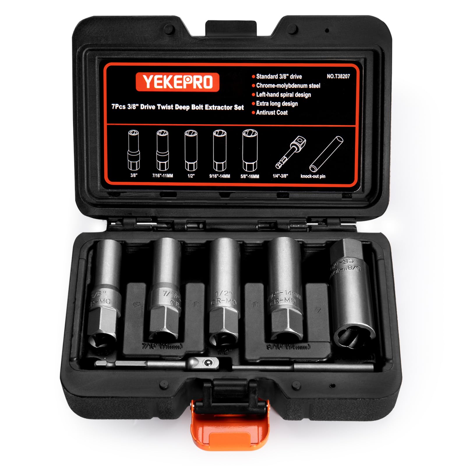 Photo 1 of YEKEPRO 7 PCS Bolt Extractor Kit, 3/8" Drive Spark Plug Removal Extraction Socket Tool, Spiral Deep Bolt Extractor Set for Damaged, Frozen, Rusted, Rounded-Off Bolts, Studs, Nuts & Screws, T38207