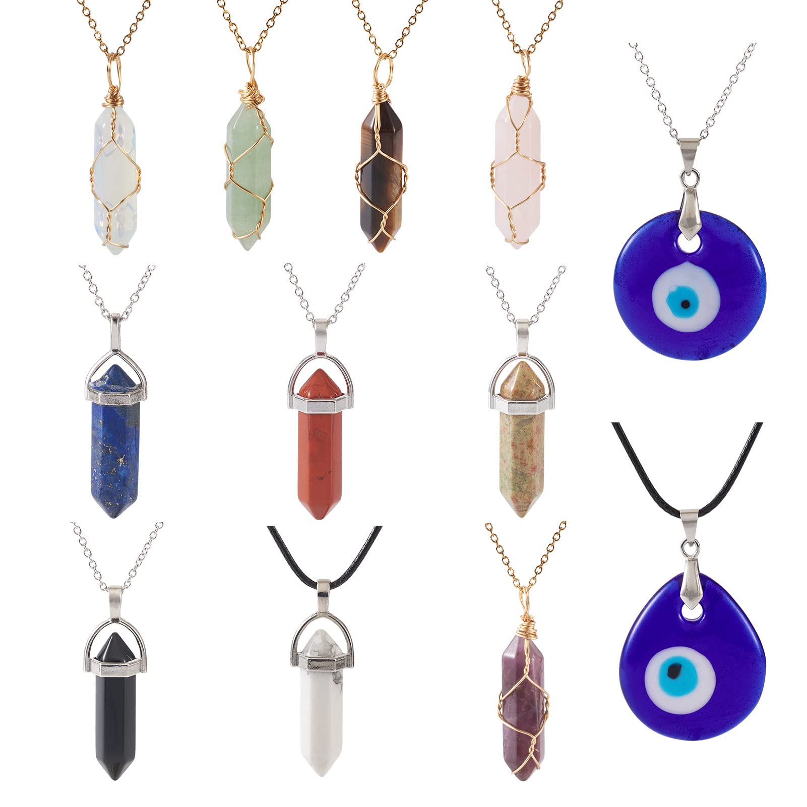 PandaHall Bullet Shape Gemstone Pendants Wire Wrapped Pointed Crystal Quartz Stone Pendant Lampwork Evil Eye Charms for Necklace Jewelry Making