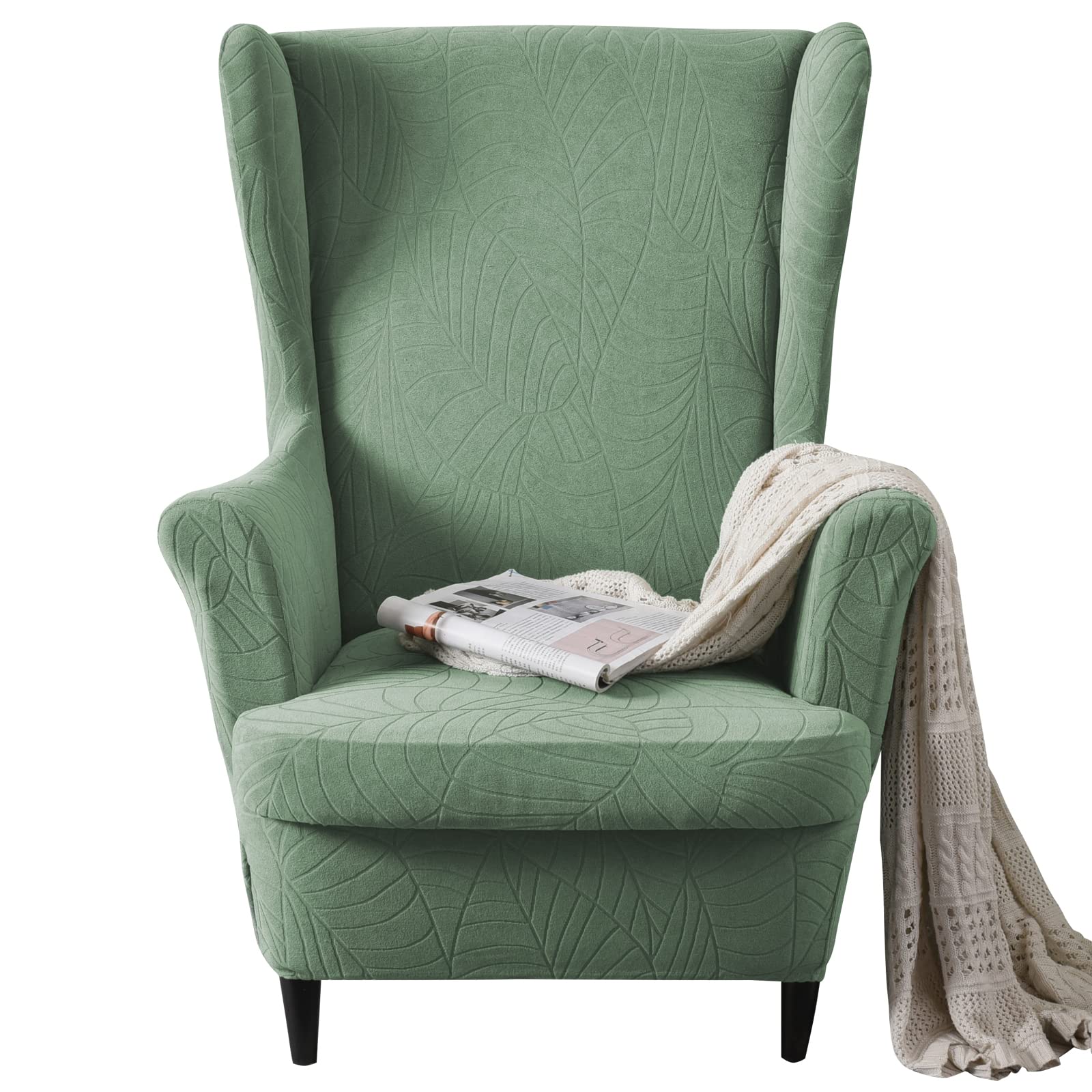 Photo 1 of MIFXIN Wingback Chair Slipcover 2 Piece Stretch Wing Back Chair Cover with Cushion Cover Soft Washable Armchair Furniture Protector for Living Room Bedroom (Jacquard Green)