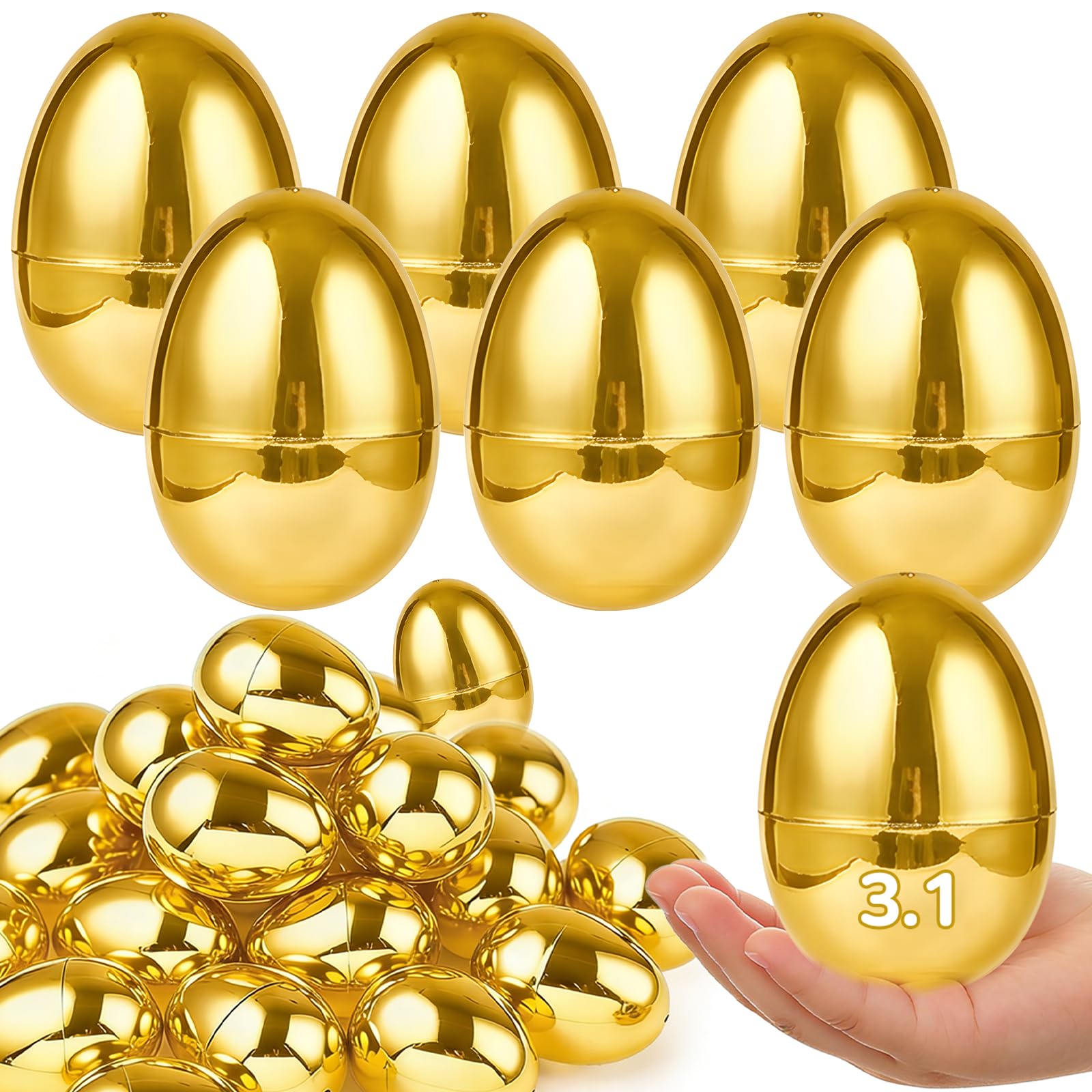 Photo 1 of 24 Pcs 3.1" Large Golden Plastic Easter Eggs Empty Fillable Easter Basket Stuffers Perfect for Surprise Egg Hunt Game Shiny Metallic Gold Egg Shells for Filling Treats Filler Kids Party Favor Prize