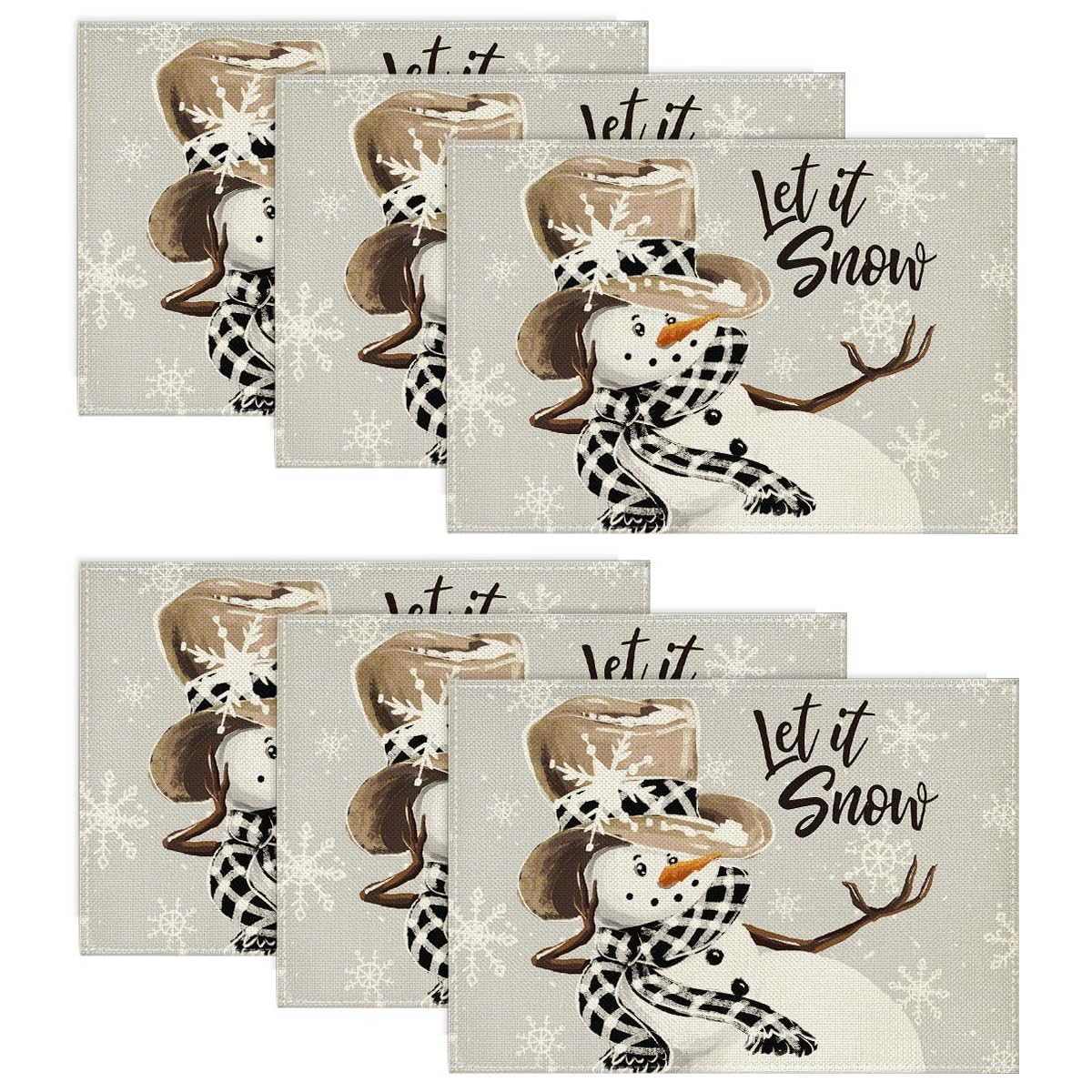 Artoid Mode Grey Snowman Snowflakes Christmas Placemats Set of 6, 30 x 45cm Seasonal Winter Xmas Holiday Vintage Washable Table Mats