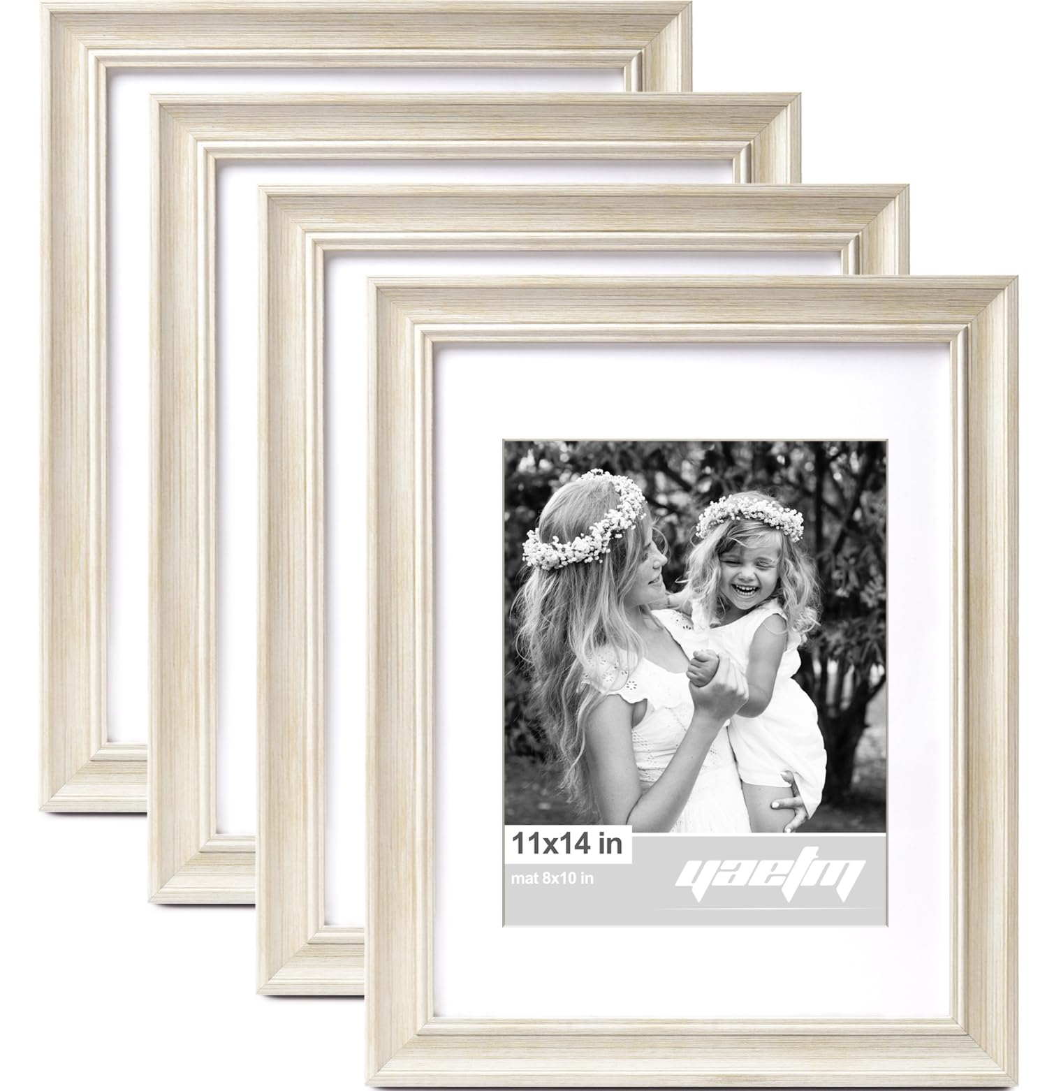 Photo 1 of Yaetm 11x14 Picture Frame with Mat for 8x10 Set of 4, 1.4" Wide Molding & Rustic White Photo Frames 11 x 14 with Tempered Glass for Wall Gallery, Home and Office, Wall Mount (4 Pack, White)