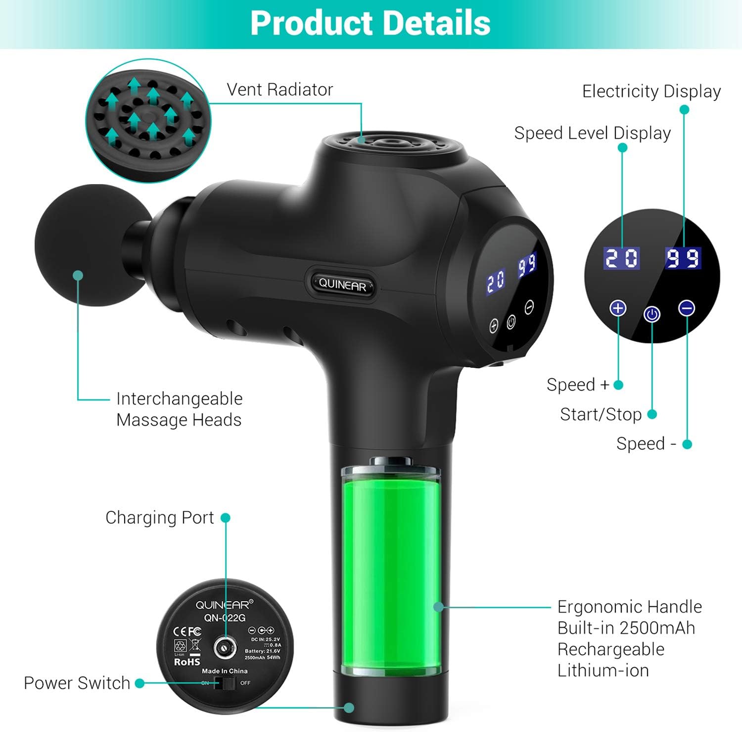 QUINEAR Massage Gun Deep Tissue Percussion Massager for Muscle Relaxation and Neck Back Soreness Pain Relief - 6 Massage Heads and 20 Speed: Health & Personal Care
