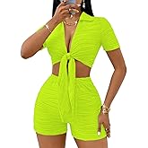 MSLG Women's Sexy 2 Piece Set Solid Summer Bodycon Suit Casual Tie Front Short Sleeve V Neck Crop Top Shorts Outfits Sets S42