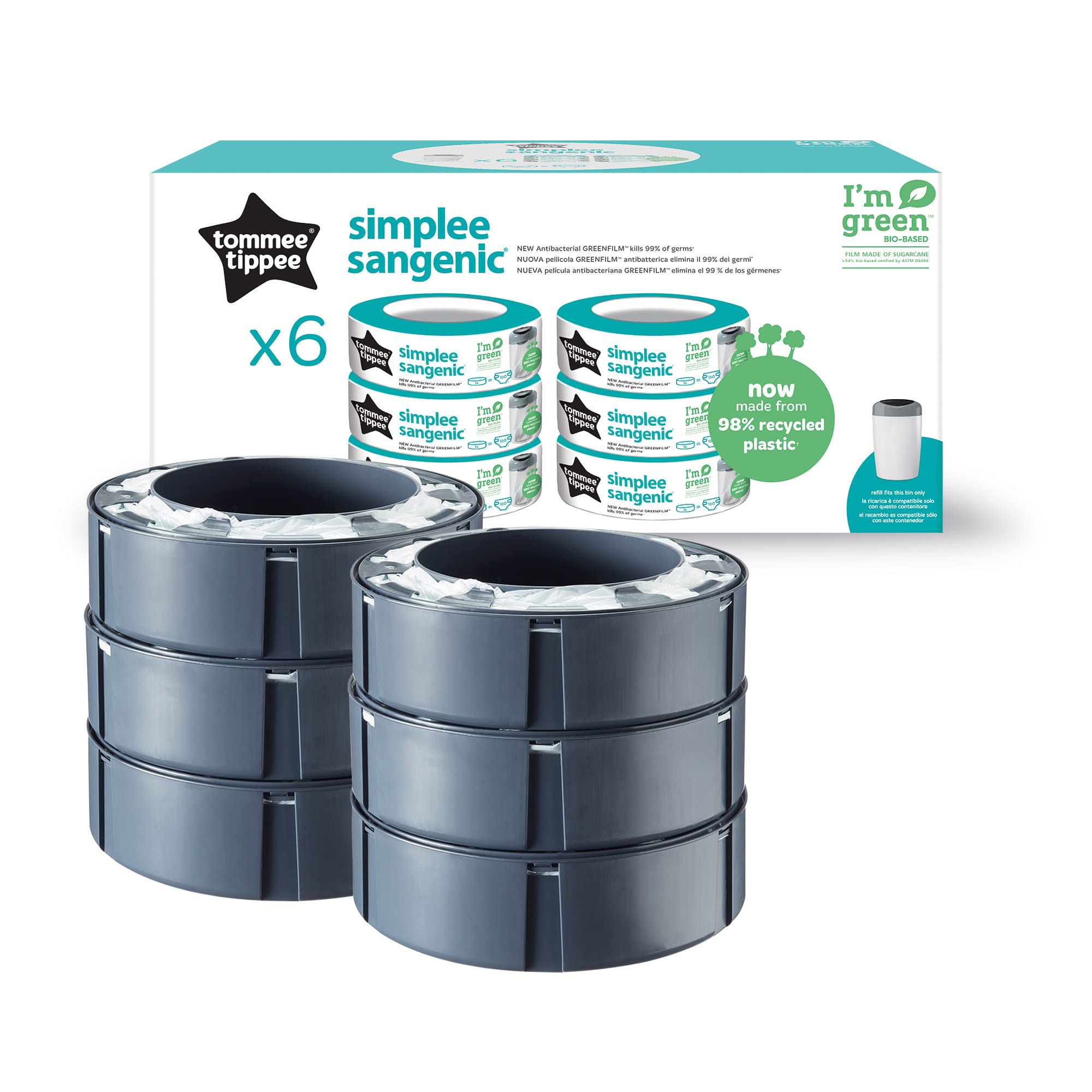 Tommee Tippee Simplee Sangenic Refill Cassettes Pack of 6 Refill Cassettes, Only Suitable for Use in Simplee Sangenic Nappy Bins, Odour and Germ Protection, 100% Recycled Chassis