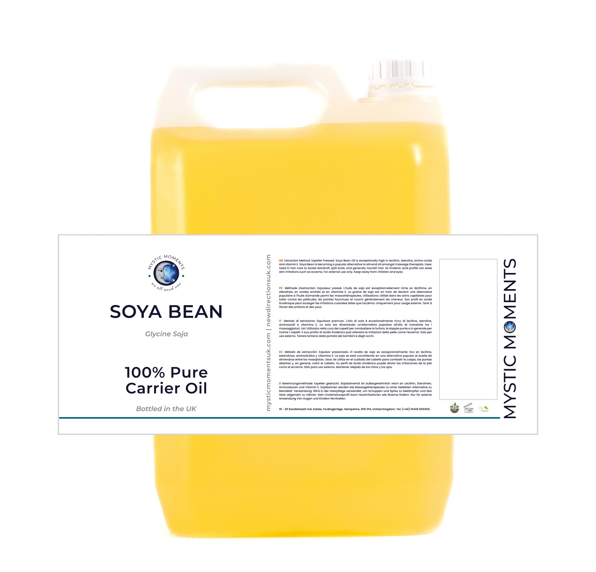 Mystic Moments| Soya Bean Carrier Oil 5 Litres | Glycine Max | Lightweight Moisturising Oil for Skin & Hair | Ideal for Skincare, Massage & Cosmetic Use | Smooth Conditioning