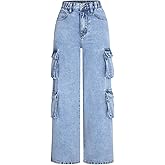 OYOANGLE Girl's Cargo Jeans Elastic Waist Flap Pocket Straight Leg Pants Y2K Denim Pants