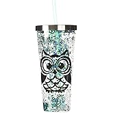 Spoontiques - Glitter Filled Acrylic Tumbler - Glitter Cup with Straw - 20 oz - Stainless Steel Locking Lid with Straw - Double Wall Insulated - BPA Free - Blue Owl