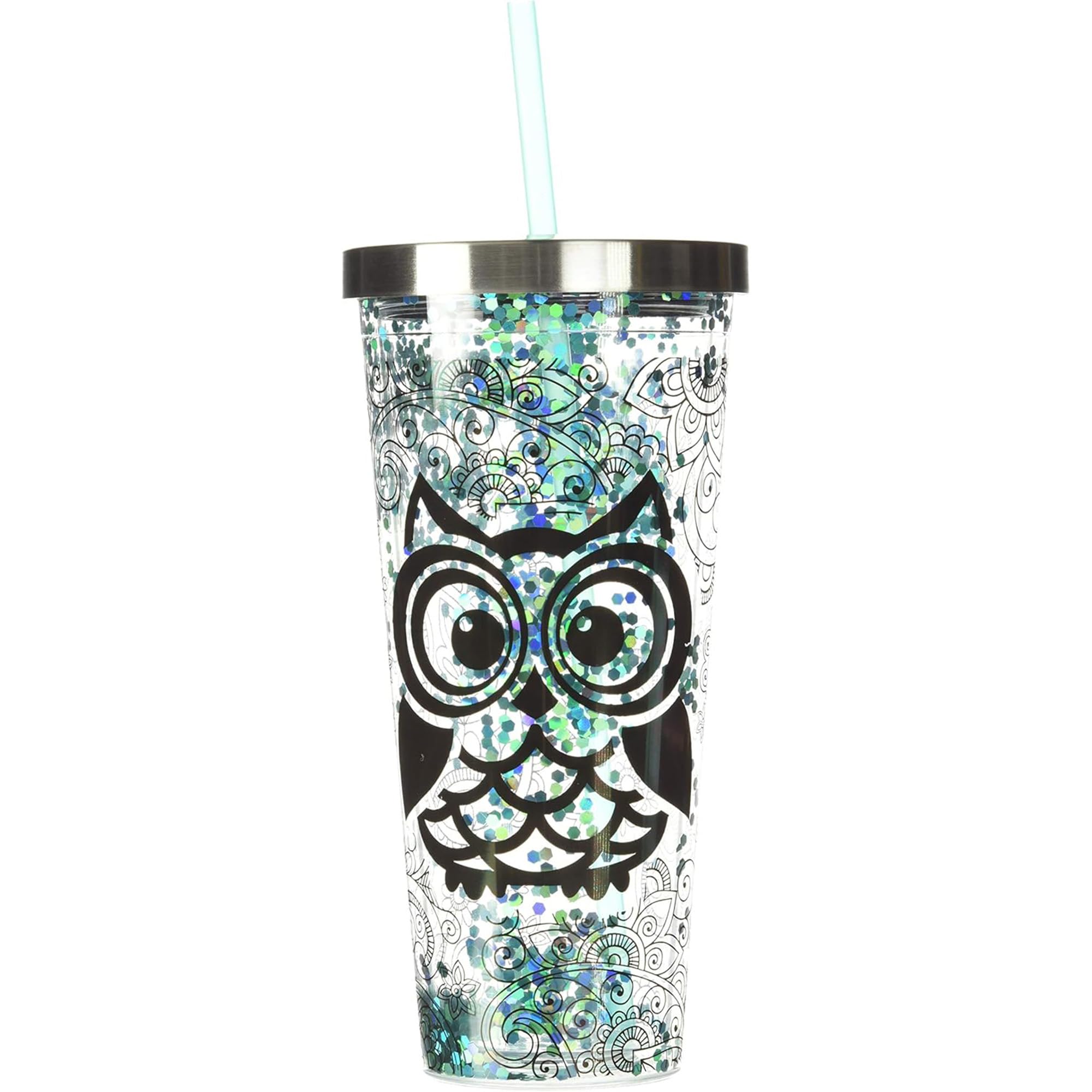 Spoontiques 21310 Blue Owl Glitter Cup with Straw, Turquoise