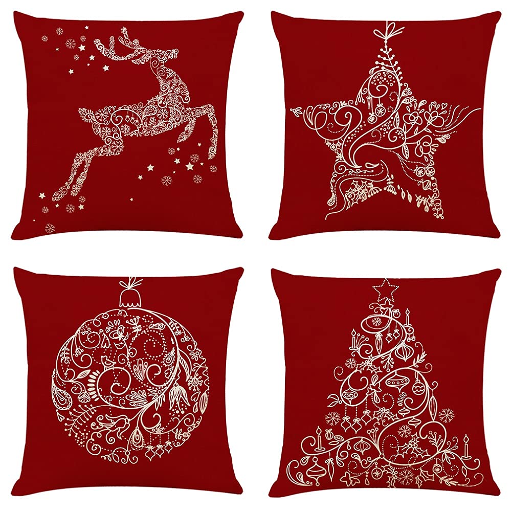 BCKAKQA Christmas Decorative Throw Pillow Covers 18 x 18 inch Set of 4 Red Cushion Covers 45cm x 45cm Soft Polyester Square Throw Pillow Cases for Living Room Sofa Couch Bed Cushions