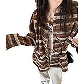 Women's Stripe Cardigan Sweaters Crewneck Long Sleeve Loose Casual Knitted Cardigans