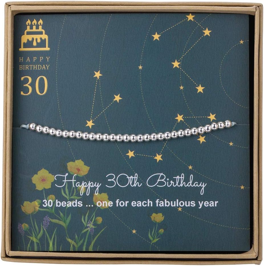 AnotherKiss 30th Birthday Gifts for Women - Sterling Silver Bead Bracelet for 30th Birthday Gift, Adjustable Jewelry 7" - 9" Cord