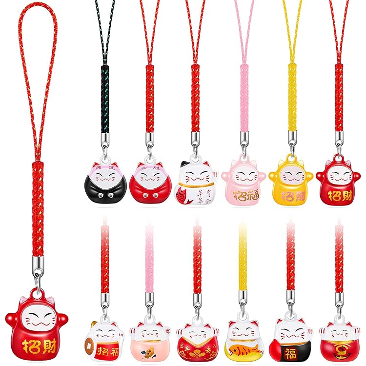 1pc * Cat Phone Charm With Red Bead - Traditional Maneki Neko Cell Phone Lanyard - * Japanese Amulet Hanging Decoration