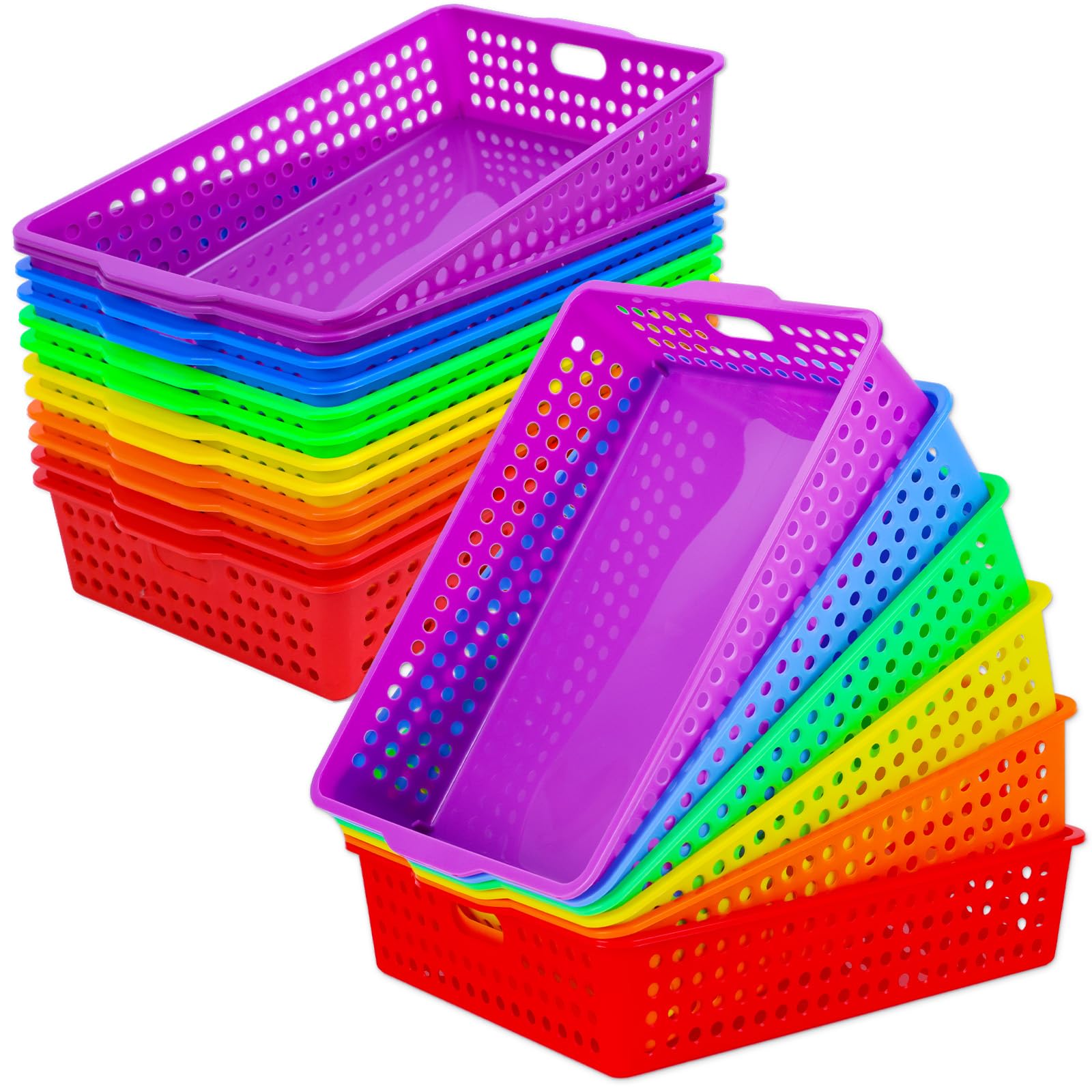 Photo 1 of 12 Pcs Plastic Classroom Storage Baskets Bulk 14 x 10 In Turn in Paper Tray for Classroom A4 Size Colorful Storage Organizer Bin with Handles Stackable Container for Playroom Home Office School Supply