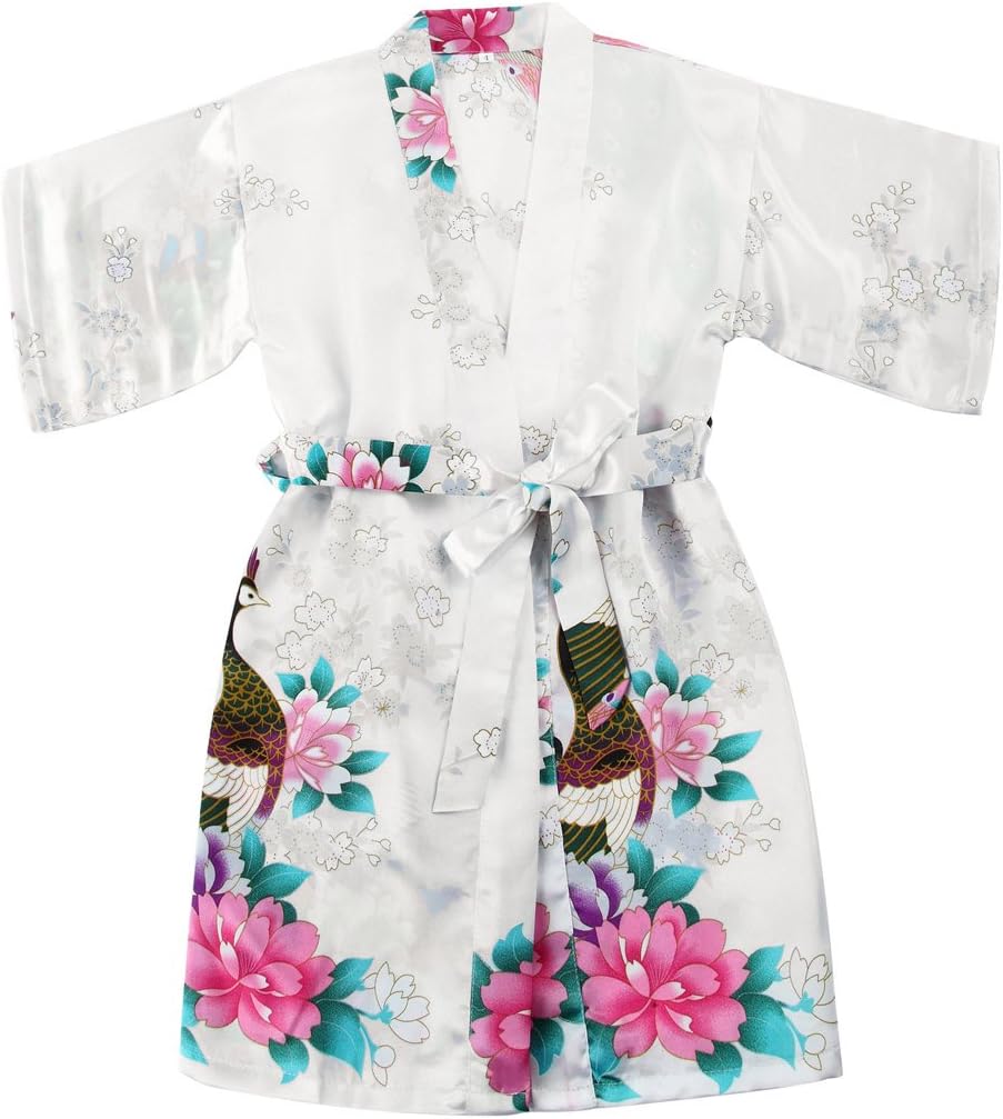 WONDERFIT Girls Stain Kimono Peacock Flower Robe for Spa Wedding Birthday