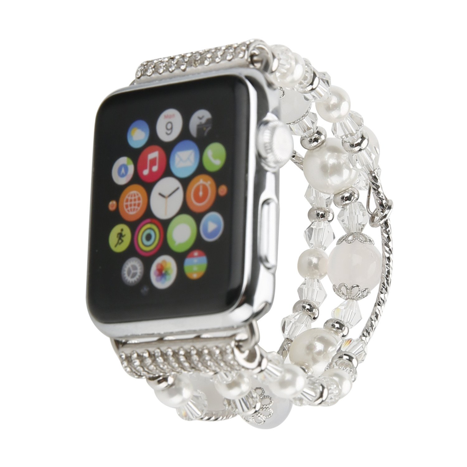 GEMEK Compatible With White Apple Watch Band 42/44/45/49mm Women Pearl Bracelet Strap, Fashion Handmade Elastic Agate Replacement for iWatch Bands Series 9/8/7/6/5/4/3/2/1 Wristband (Silver)