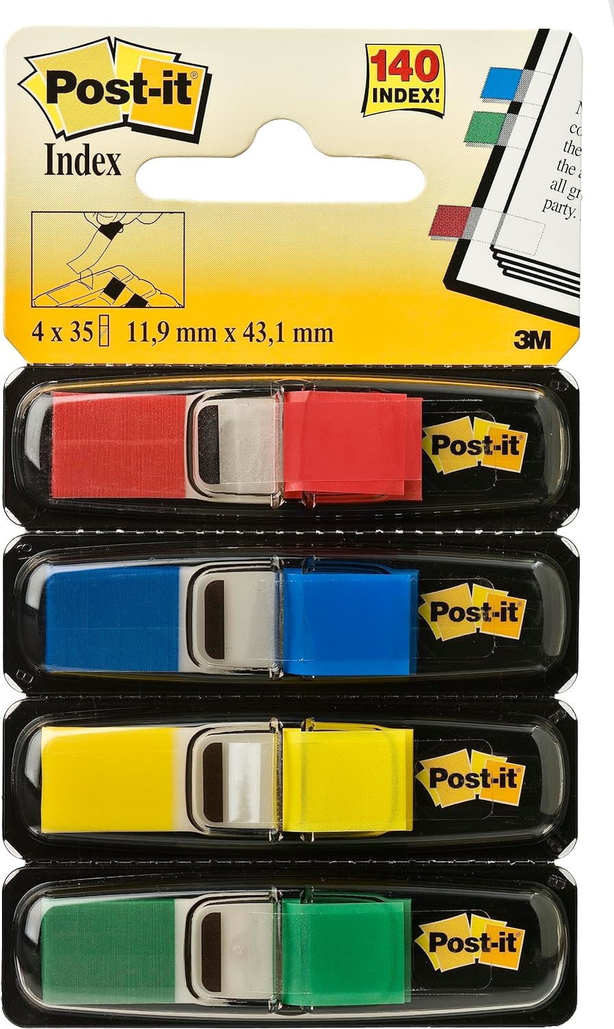Post-it Index Small Flags, Pack of 4 Dispensers, 35 in Dispenser,11.9 mm x 43.2 mm, Yellow, Red, Green, Blue Colors - to Mark, Highlight or Color Code Important Information