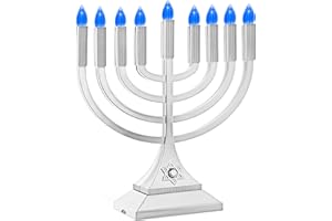 ZION JUDAICA LTD Zion Judaica 9" LED Hanukkah Menorah Medium Metallic Silver Battery or USB C Type Powered Flameless Chanukkah Candleholder USB Electric Minorah Bulbs Chanukah Decoration Lights Hanukkiah