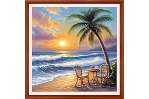 DMCXART Counted Cross Stitch Kits for Adults Needlepoint Kits Unprinted Cross Stitching Embroidery Kit 11CT Cross Stitch Supplies-Resting and Drinking Tea by Seaside 18x18 inch