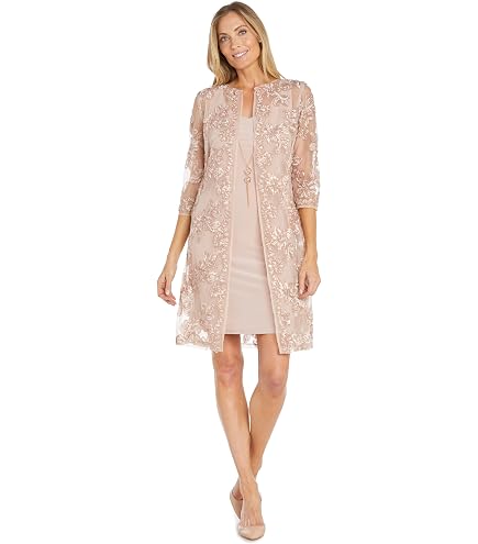 R&M Richards Women's Flyaway Chiffon Jacket & Shift Lace Glitter Dress W/ Beaded Neckline
