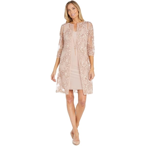 R&M Richards Women's Flyaway Chiffon Jacket & Shift Lace Glitter Dress  W/Beaded Neckline - Knee-Length Evening Outfit at Amazon Women's Clothing  store