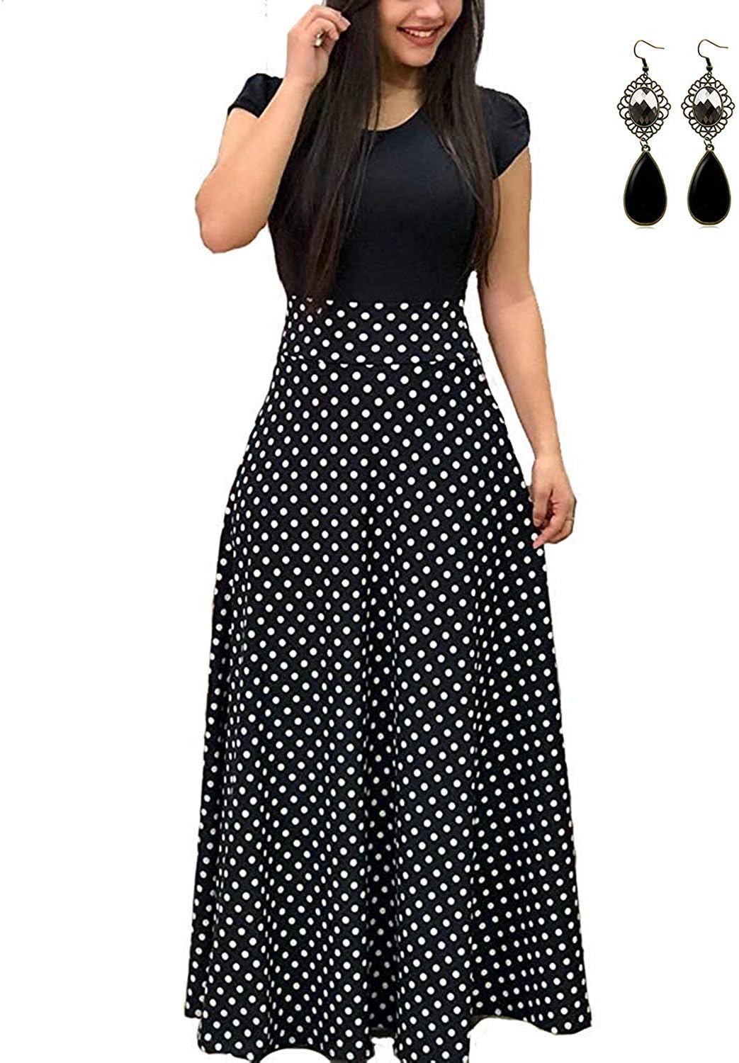 UUAISSO Women Boho Maxi Dress Casual Party Loose Short Sleeve Casual Cotton Dresses