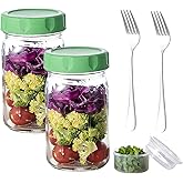 clhjinruoliu Glass Salad Jars with Lids, Two Small Built-in Boxes - Leakproof Salad Container with Secure Lid - Portable Meal Prep Jar Jar Salad Container, for Office, 32oz Mason Jars(2 Set)