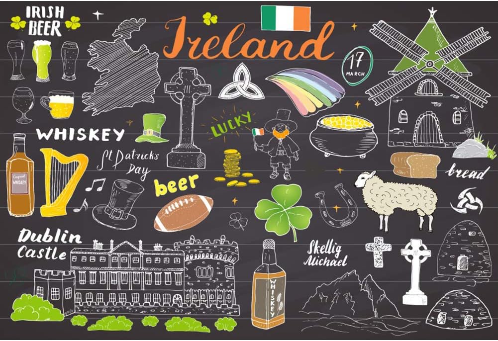 YongFoto 5x3ft Polyester Photo Backdrop St. Patrick's Day Photography Pencil Drawing Ireland Flag Irish Beer Four Leaf Clover Dublin Castle for Party Photo Shoot Kids Adults Studio Background Props