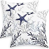 CaliTime Throw Pillow Cases Pack of 2 Cozy Fleece Starfish Sea Coral Tree Decorative Cushion Covers for Couch Bed Sofa Farmhouse Decoration 18 X 18 Inches Navy Blue Grey