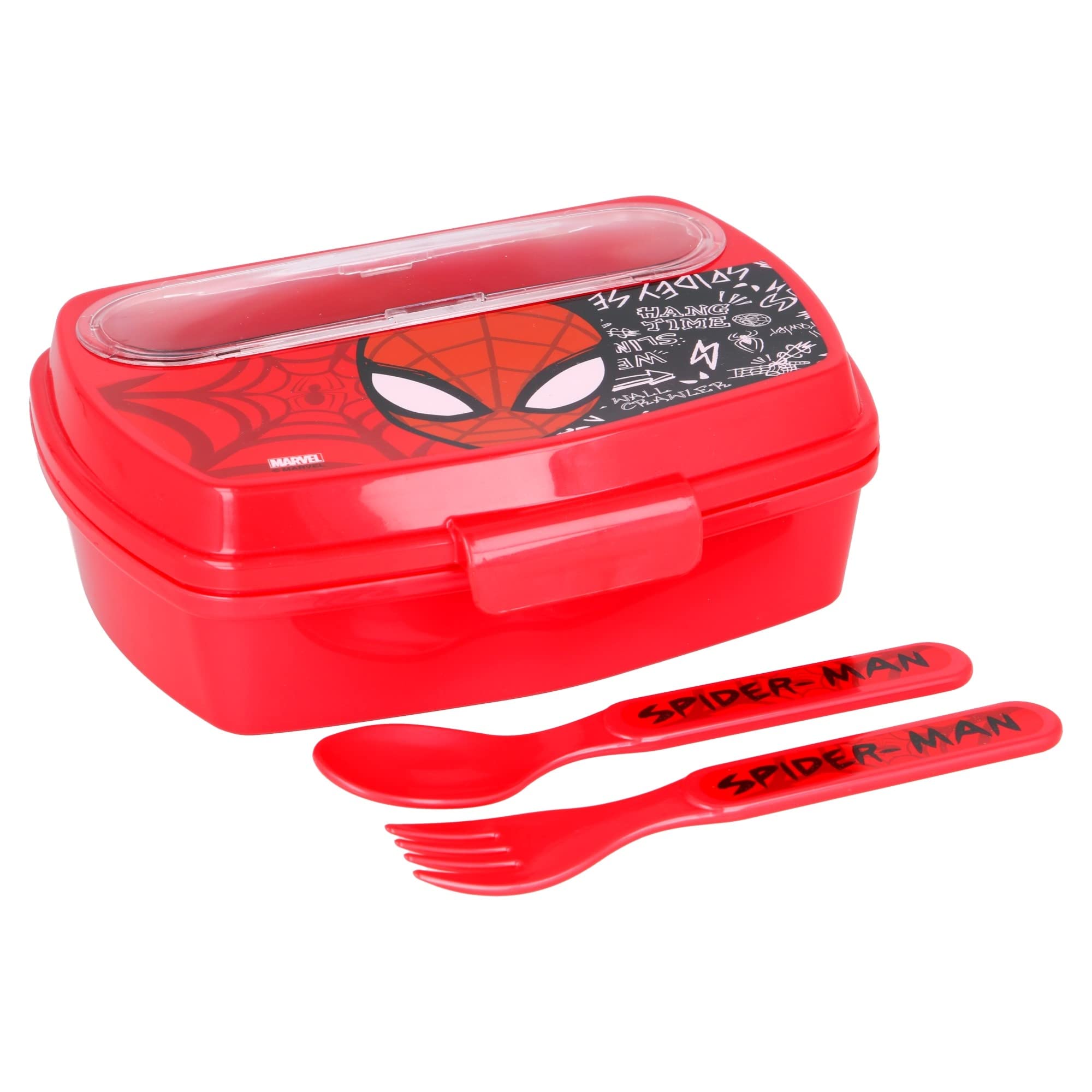 Stor 8412497513093Rectangular Sandwich Box with Cutlery, Spiderman Web Urban