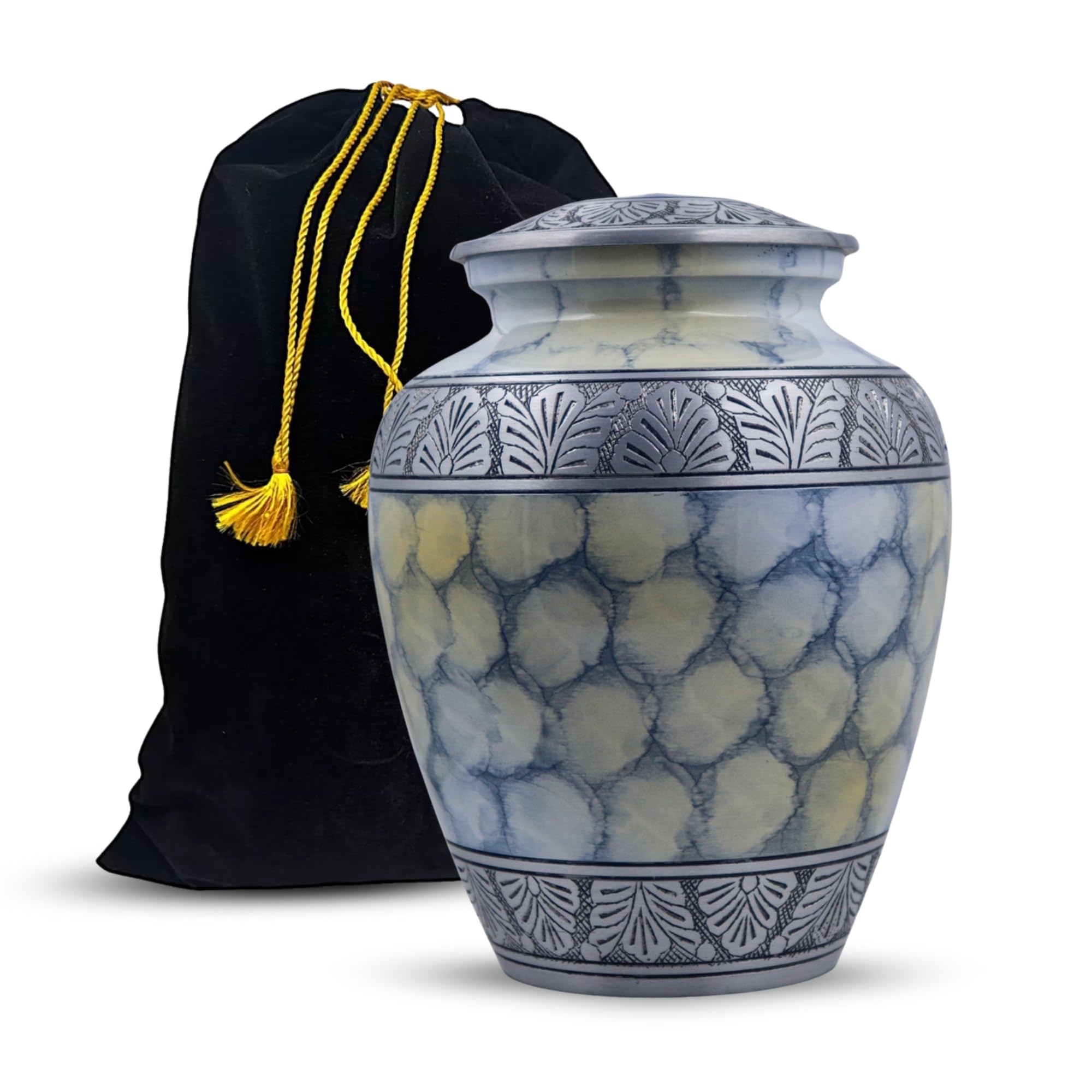 Premium Silver Engraved Cremation Urn for Human Ashes – Large 200lbs Metal Funeral Burial Urn with Secure Threaded Lid & Velvet Bag – Handcrafted Memorial Ashes Urn, Cloud White 9.5” Inches