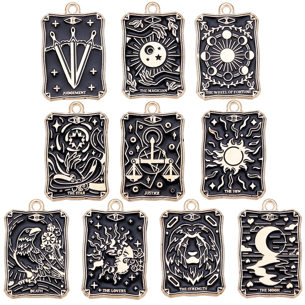 SUNNYCLUE 20PCS 10 STYLES Tarot Charms Bulk Divination Charms Halloween Gothic Magic Tarot Card Enamel Black Gold Amulet Lucky Charme for jewellery Making Charm Diy Earrings Bracelet Necklace Craft