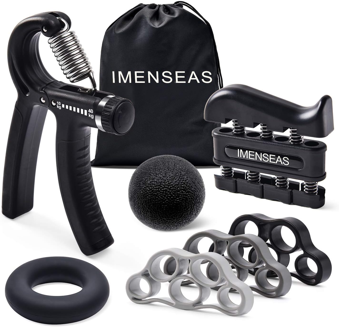 IMENSEAS Hand Grip Strengthener 7 Pack Adjustable Hand Gripper, Finger Stretcher Resistance Extensor Bands, Finger Exerciser, Grip Strength Ring & Stress Relief Ball for Athletes & Musicians