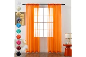 youleyar Solid Sheer Rod Pocket Curtain Voile Draperies 2 Panels White Beige Black Grey Coffee 52 Inch Width 63 Inch Long 1 Pair for Kitchen Bedroom Children Living Room Yard (Orange,52Wｘ63L)