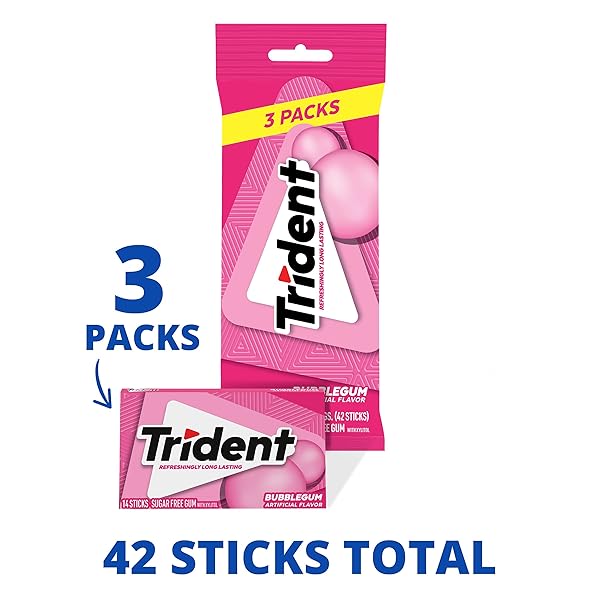 TRIDENT BUBBLEGUM SUGAR-FREE CHEWING GUM, 3 PACKS OF 14 PIECES (42 TOTAL PIECES)
