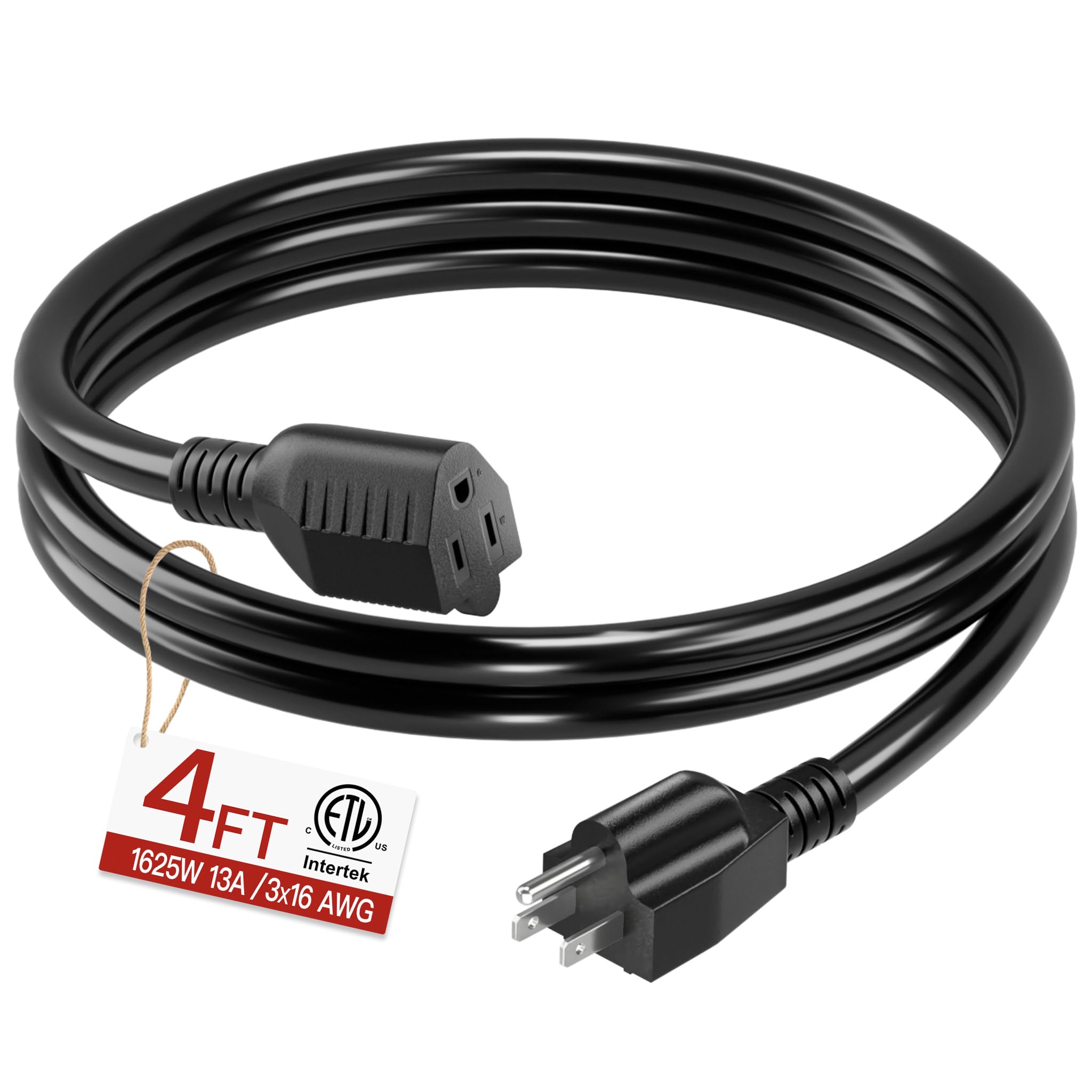 16/3 Short Extension Cord 4 FT, Black Extension