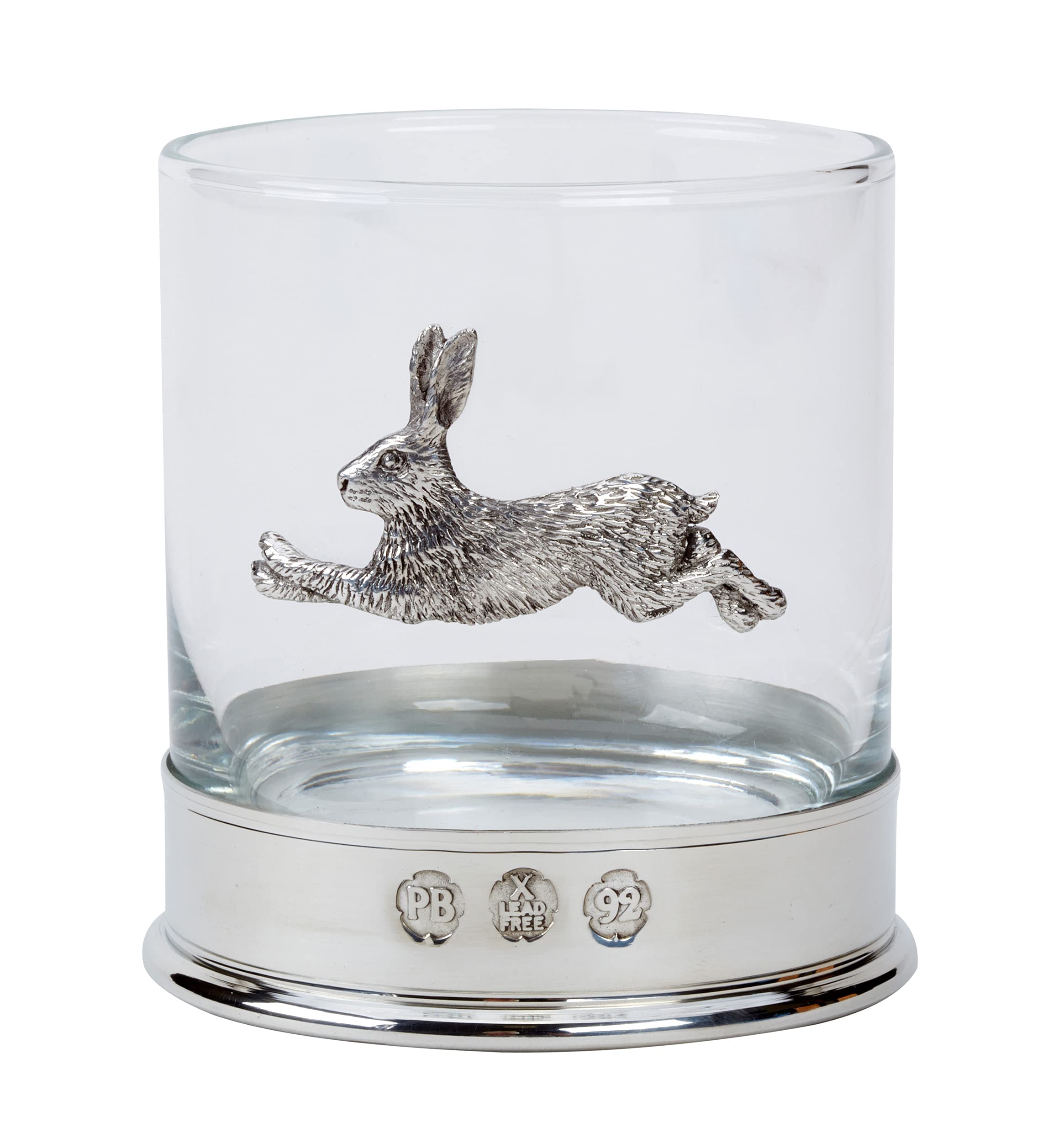 Farm Cottage Brands Lead Free pewterware Mounted 12oz Whisky Glass with a Running Hare Emblem, in a Presentation Box of 1, 2 or 4 Glasses (1)