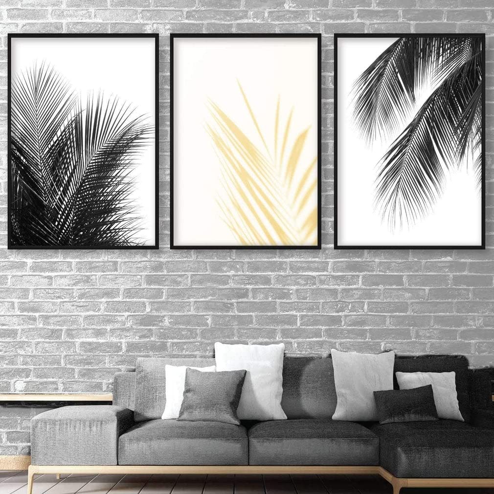 Artze Wall Art Botanical Palm Fern Leaves Art Prints 3-Piece Set, 30 cm Width x 40 cm Height, Black/Yellow