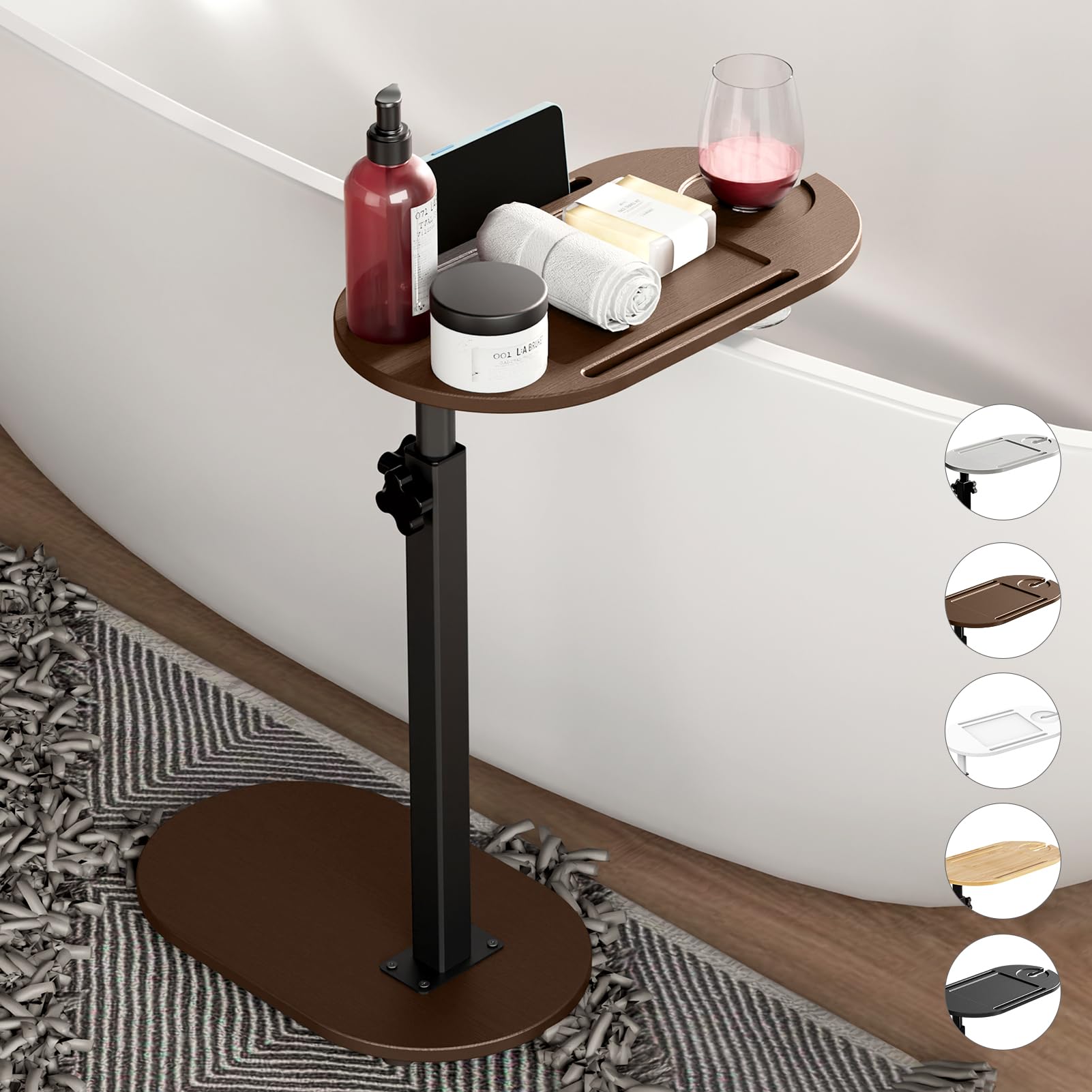 Photo 1 of **MISSING ASSEMBLY PIECES**  Yumkfoi Bamboo Bathtub Tray Table with Adjustable Height, Freestanding Bath Caddy Side Table for Tub Against Wall, Tub Shelf with Wine Glass Phone Holder, Functional Tray - Patent Protected (Brown)