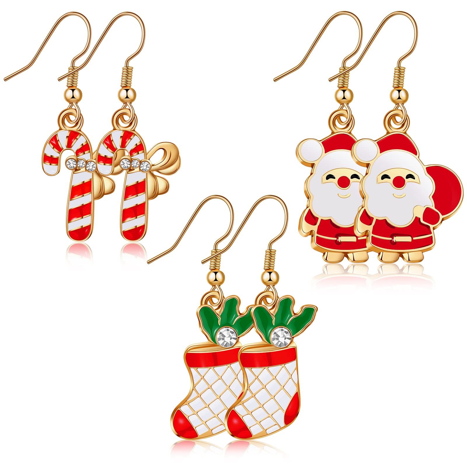 3 Pairs Christmas Earrings Studs Drop Dangle Earrings for Women Christmas Gifts(Walking Stick, Boots, Santa Claus)