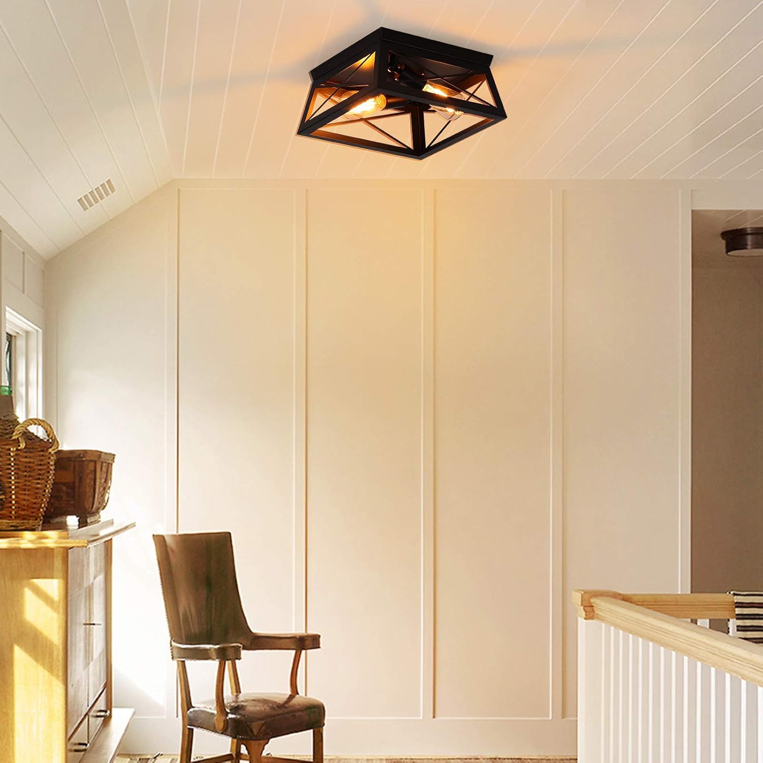 Industrial Farmhouse Ceiling Light Fixture Square Hallway Flush Mount Ceiling Lights for Kitchen Laundry Room 2-Lights, Black - - 