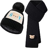 2Pcs Kids Winter Hat Scarf Set, Warm Fleece Lining Girls Winter Hats with Pom, Knit Scarf for 3-12 Years Boys Girls