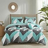 Bedbay Grey and Teal Comforter Set Teal Bedding Full Size Bed Sheets and Comforter Set Geometric Chevron Full Bed Set Soft Lightweight Comforter Bed in a Bag 8 Pieces(Teal&Grey,Full)