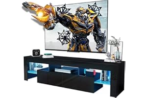 CFTEL Black TV Stand, 60 65 70 75 inch Wood TV Stand, High Glossy Entertainment Center with Large Drawers＆Glass Display Shelf, LED Modern Media Gaming Cabinet TV Console for Livingroom, Bedroom