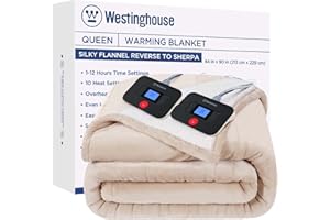 Westinghouse Electric Blanket Queen, Heated Blanket Queen Size with 10 Heating Levels and 1 to 12 Hours Heating Time Settings, Flannel to Sherpa Reversible, Machine Washable (84" x 90", Beige)