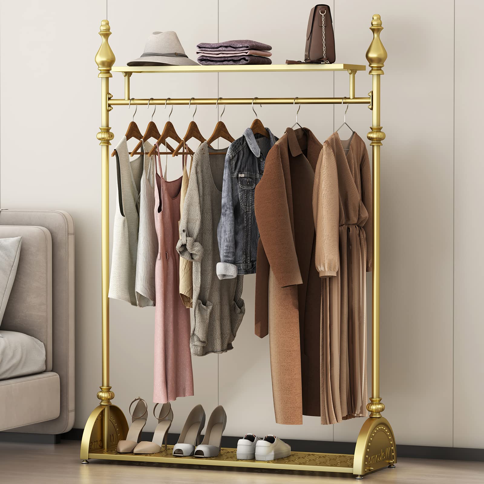 Photo 1 of **The description is similar to the photo**Clothing Rack Gold, Industrial Clothes Rack for hanging Clothes with Double Shelves Freestanding Multi-functional Heavy Duty Garment Rack, Metal Movable Coat Rack for Organizing Clothes Shoes