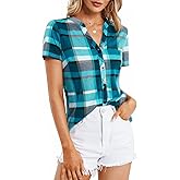 DJT Women's Summer Casual V Neck Blouses Plaid Short Sleeve Button Down Plaid Shirts Tops