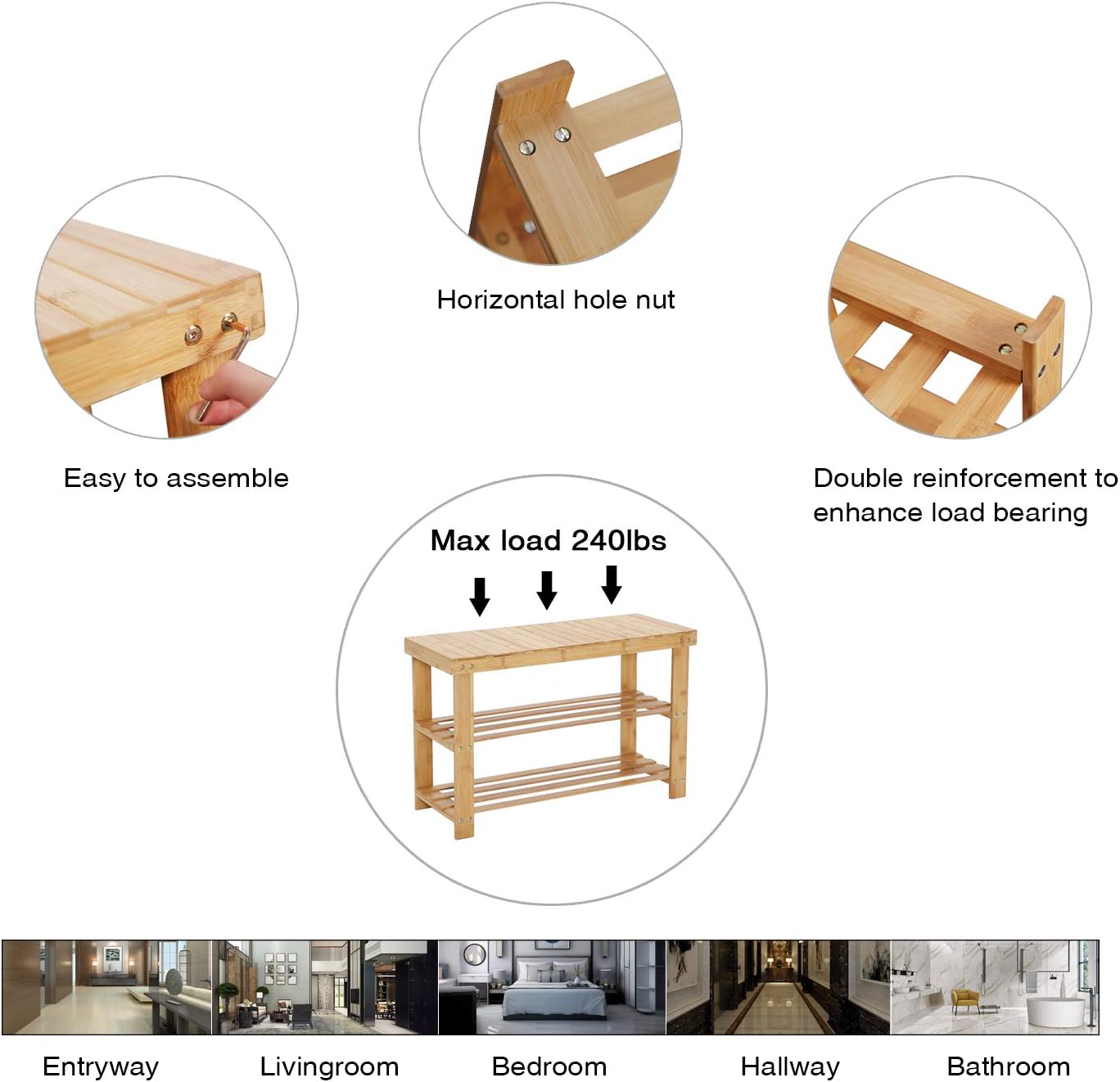 C&AHOME 3-Tier Shoe Rack Bench, Entryway Shoe Storage Organizer Holds Up to 240 lbs, Bamboo Storage Shelf for Shoes, Slippers, Ideal for Hallway Bathroom Living Room Corridor Natural: Kitchen & Dining