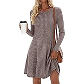 JoyMotion Women's Long Sleeve Sweater Short Dress Ribbed Crew Neck A Line Swing Dress Lightweight Fall Winter Casual Dresses