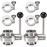 Pindex 2 Pack 2 Inch Heavy Duty Butterfly Valves with Pull Handle and 4 Pcs 2" 190g Heavy Duty Tri Clamp with Silicone Gasket 304 Stainless Steel Sanitary TC Fittings